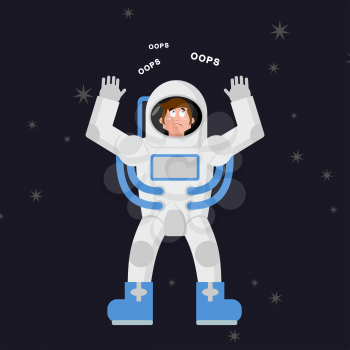 Surprised astronaut says OOPS. Perplexed cosmonaut in dark space
