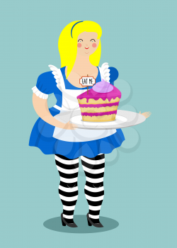 Alice in Wonderland. Cake eat me. Fat and old cheerful woman
