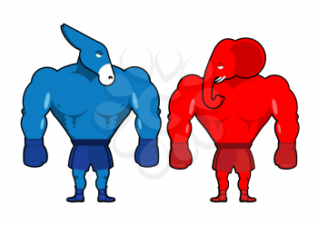 Elephant and Donkey boxer. Democrats against Republicans. Red strong animal with boxing gloves. Symbol of political party of USA. Illustration America voting
