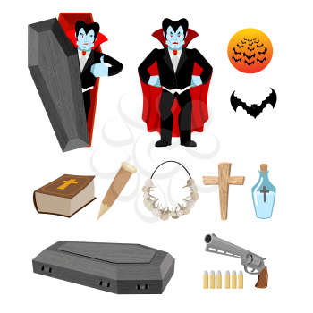 Dracula set. Vampire and bats. Weapon against vampires. Garlic and silver bullets. Bible and holy water. Aspen stake and cross. Set for destruction ghoul
