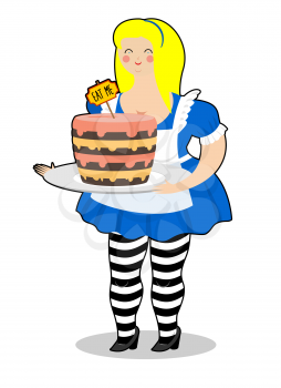 Alice in Wonderland. Cake eat me. Fat and old cheerful woman
