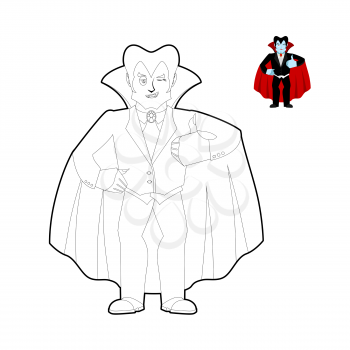 Dracula coloring book. Vampire Count in linear style. Funny ghoul cloak
