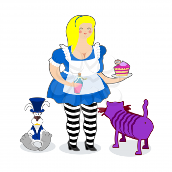 Fat old Alice in Wonderland. Mythical Cheshire cat. White rabbit in hat and waistcoat


