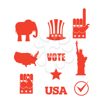 Republican elephant elections icon set. Symbols of political parties in America. Statue of Liberty and USA map. Fist and Uncle Sam hat
