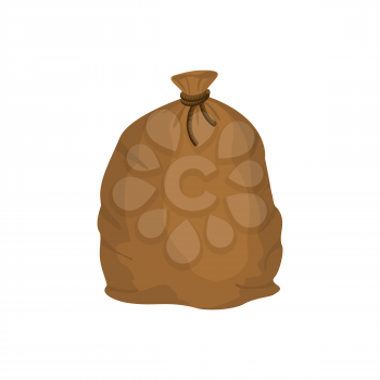 Big knotted sack of grain. Brown textile bag of potatoes. Farm object