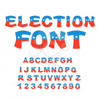Election font. Political debate in America alphabet. USA National ABC. Colors of American flag letters
