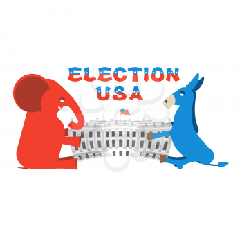 Elephant and Donkey divide White house. Republicans and Democrats share authority. Political presidential elections in United States. Government Building America