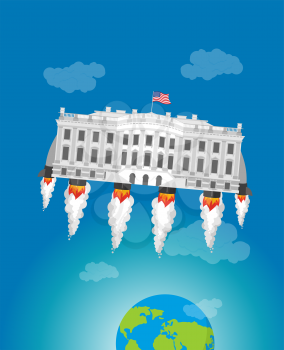 White house in space. USA President Residence rocket turbo. American National Palace flies. Government building connected to future. Fantastic main Landmarks Washington dc.