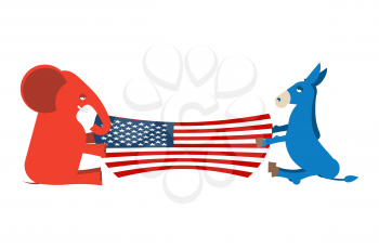 Elephant and Donkey divide USA flag. Political Party of America. Republicans against Democrats. Presidential Election United States
