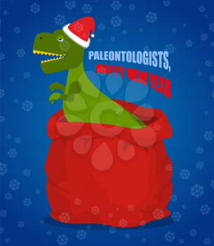New year Paleontologists . Dinosaur T- rex in red sack Santa Claus. Tyrannosaurus congratulates on Christmas. Prehistoric predator. Big bag with gifts
