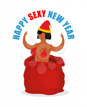 Stripper in red sack of Santa Claus. Adult New Year. Prostitute as gift. Congratulations for men. Woman on holiday for fun. Whore in bag