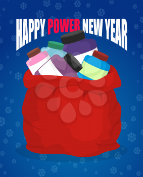 Happy power new year. Protein in red sack of Santa Claus. Big bag with packages of sports nutrition. Gift for Christmas bodybuilder. Fitness present for holiday
