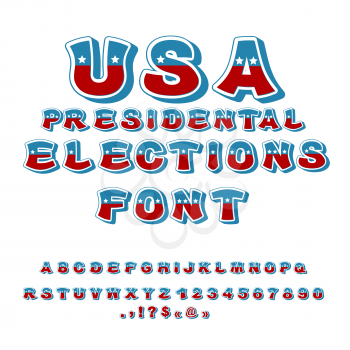 USA presidental Election font. Political debate in America alphabet. USA National ABC. Colors of American flag letters
