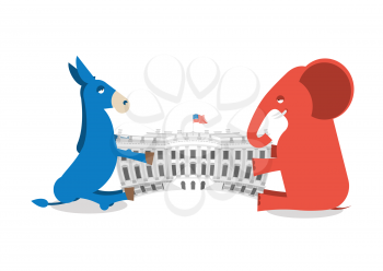  Republicans and Democrats share authority. Elephant and Donkey divide White house. Political presidential elections in USA. Government Building America