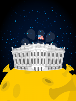 White house in moon. US President Residence in space. American National Palace flies. Government building connected to future state. Fantastic main attraction washington dc.
