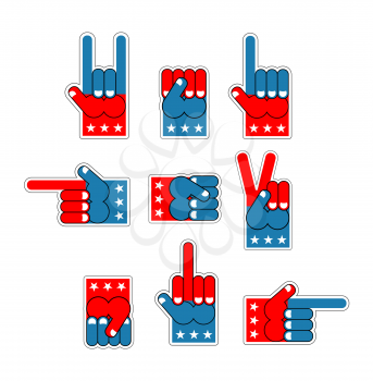 Foam Finger USA patriot. American hand symbol. Expression of emotions. Pattern of flag of America