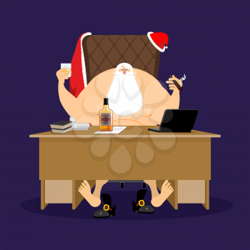 Santa after work relaxes. Claus rest. Drink and Cigar. Bottle of whiskey and glass with ice. Office workplace Christmas. New Year old man relaxation. Xmas guy refreshment. holiday end
