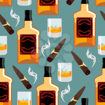 Whiskey with ice seamless pattern. Gentleman background. Bottle of scotch texture. Cigar smoke ornament. bar backdrop
