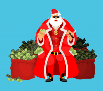 Cool Santa and red bag with money. Claus after work. Pocketful of cash. Earnings for Christmas. Rich old man. Xmas gainings. New Year income wealth. well-earned
