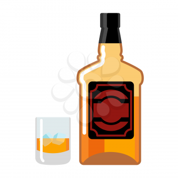 Bottle and Glass of whiskey and ice. flacon scotch. Drink on white background. Alcohol illustration
