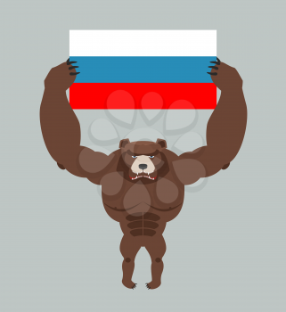 Russian aggressive bear. Angry animal holds Russian flag. Ferocious wild beast. Forest monster with big teeth and claws