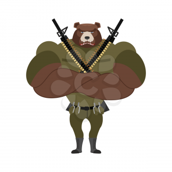 Military strong bear. Powerful big monster soldiers. Beast Troopers military accessories: exploding grenades and machine-gun belts. Automatic pistol. Military defender
