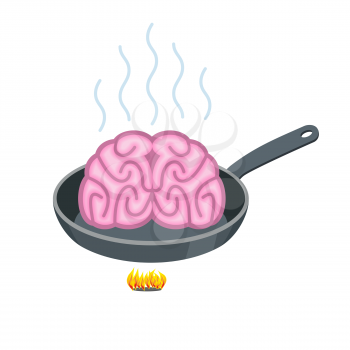Brain in frying pan. Delicacy for Asia. Fry Pink brains on cast-iron frying pan
