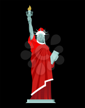 Santa Statue of Liberty. Monument in suit of Claus. Christmas hat and red clothes. USA Patriot National landmark


