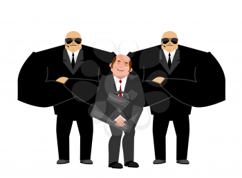 Bodyguard Services and businessman with suitcase. VIP protection. Black suit and hands-free. Strong Security on white background. customer protection and professional team work
