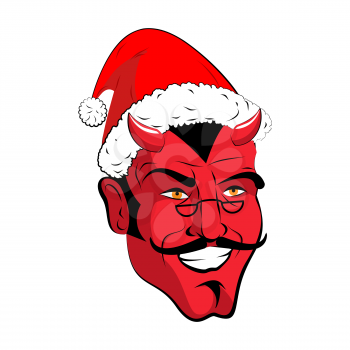 Satan Santa Krampus. Claus red demon with horns. Christmas monster for bad children and bullies. folklore evil. Devil with beard and mustache. 
