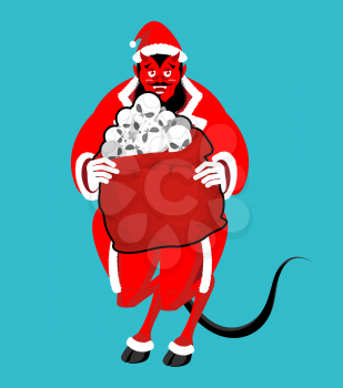 Krampus Satan Santa. Claus red demon with horns. Christmas monster for bad children and bullies. folklore evil. Devil with beard and mustache. skull bag for harmful kids. 