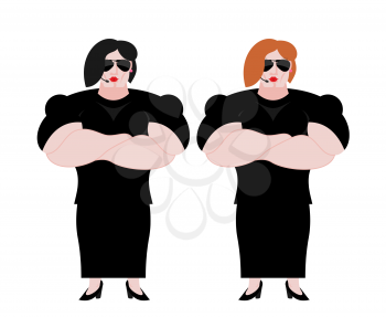 Female Bodyguard couple. Strong Woman guard at  nightclub. Black suit and hands-free. Lady Security on white background. protection and professional teamwork
