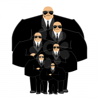 Bodyguard family. Black suit and hands-free. Security man. Protection and professional teamwork. Strong guard at nightclub.
