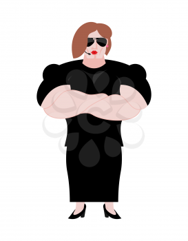 Female Bodyguard. Strong Woman guard at  nightclub. Black suit and hands-free. Lady Security on white background. protection and professional teamwork
