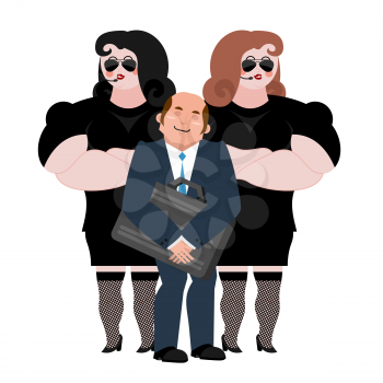Businessman with wooman bodyguards. VIP protection. Black suit and hands-free. Strong Female Security on white background. Lady customer protection and professional team work.  