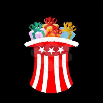 Patriotic Santa Claus cap with gifts. Winter Hat Uncle Sam for gift. Sweets and toys for children. Christmas Cylinder hat and fur. Xmas template. 