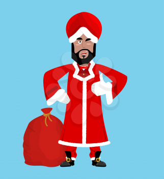 Santa India. Christmas Indian Claus. Red Turban fur. East Grandpa New Year