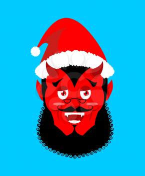 Satan Santa Krampus. Claus red demon with horns. Christmas monster for bad children and bullies. folklore evil. Devil with beard and mustache. 
