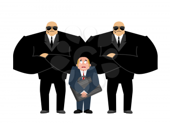 Bodyguard Services and businessman with suitcase. VIP protection. Black suit and hands-free. Strong Security on white background. customer protection and professional team work. 
