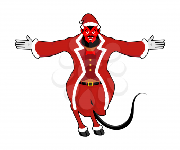 Krampus Satan Santa. Claus red demon with horns. Christmas monster for bad children and bullies. folklore evil. Devil with beard and mustache. shit bag for harmful kids. 
