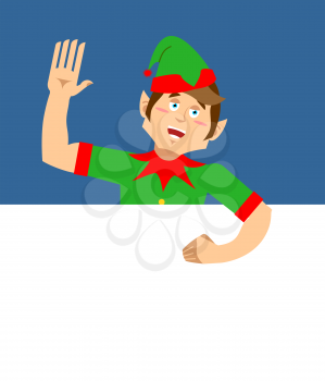 Santa Elf and Blank Space. Place for text. Xmas template design. Claus helper. christmas banner. New year advertisement
