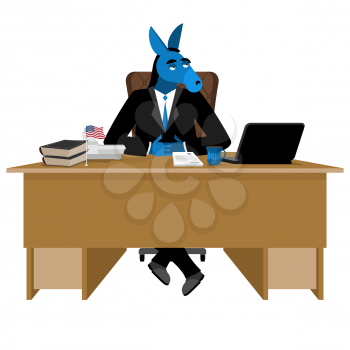 Blue Donkey Democrat sitting in office. Animal boss at table. Symbol of United States political parties. Illustration for presidential elections in America. Animal businessman diplomat
