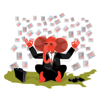 Red Elephant Republican meditates votes in USA map. Symbol of United States  political parties. Illustration for presidential elections in America. Animal businessman diplomat
