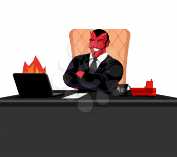 Satan boss sitting in office. Devil of workplace. Red demon at work. leader at job table. Laptop and phone. Cup of coffee. Director of hell. Chair of human skin. Diablo service businessman
