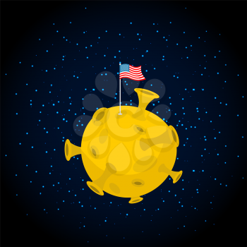 America on moon. USA flag on yellow planet. Dark space and stars. Astronomy illustration