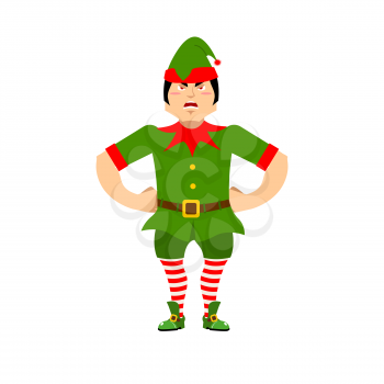 Angry Christmas elf. Aggressive assistant of Santa Claus. Grumpy little man in green suit. XMAS character for new year

