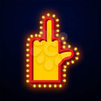 Fuck light pointer with lamps. Off finger Retro fescue hand with luminous bulb. Vintage direction sign. Aggressive gesture Glittering lights
