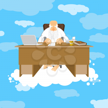 God sitting in office. Almighty of work place in heaven. Grandfather with beard at work. Holy of work desk. Laptop and phone. Cup of coffee and Bible. Boss of paradise. Job table in cloud