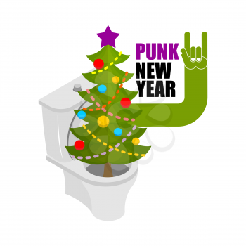 Punk New Year. Decorated fir stands in toilet bowl. unfriendly behavior. Antisocial freak holiday
