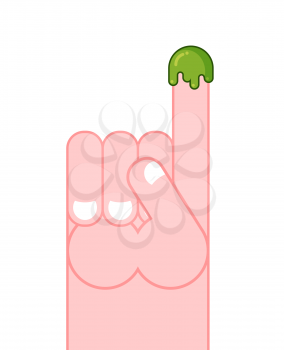 Snot on finger. Pick your nose snivel. Hand and booger. Green slime lump
